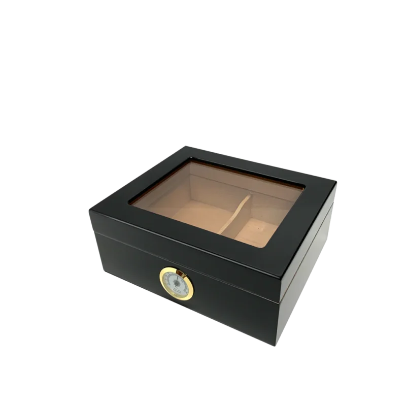 HUMIDOR SUPREME CAPRI GLASSTOP HUMIDOR WITH HYGROMETER  HOLDS 40 - 50 CIGARS BLACK COLOUR (HUM-25HYG-BK)